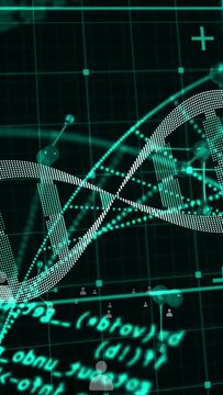 Vertical video: Dotted helix appearing via data pulse, undulating, shifting to show molecular ties