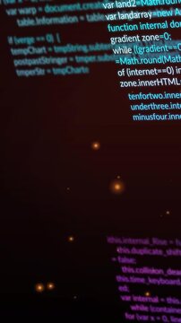 Vertical video: Cyan code column growing and unveiling lines during slow camera pan, guiding viewer