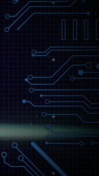 Vertical video: Center circuit graphic reacting to luminous band, revealing code traces for HUD