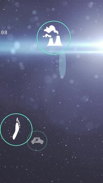 Vertical video: Counter popping teal icons shifting volcano rising rocket drifting showing HUD data