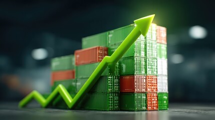 Shipping containers and an upward arrow symbolizing growth