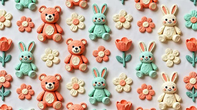 Colorful clay animal and flower figures