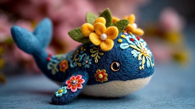 Handmade felt whale adorned with flowers