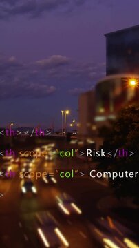 Vertical video: At dusk code overlay listing security tags, blurred traffic sending light trails