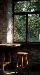 Rustic interior with large window, wooden table, and stool. Sunlight streams in, illuminating brick walls