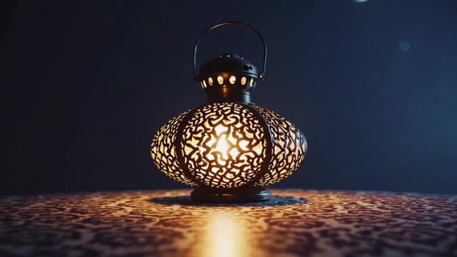 Low-angle video shot of a glowing lantern on a patterned table under a crescent moon
