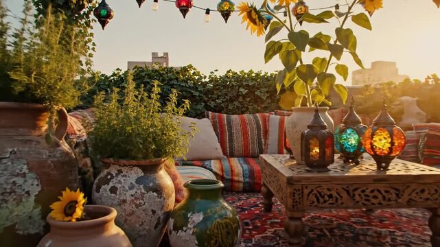 Bohemian rooftop terrace with lanterns and plants at golden hour