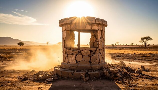 A FlyPro Firefly image of an abandoned wellhead made of dry, cracked stone, brilliantly lit by direct sunlight against an arid rural background, a professional capture.