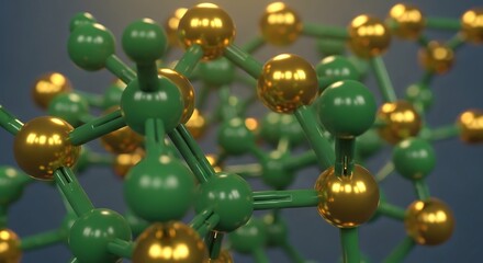 Three-dimensional rendering of a chemical compound or crystal lattice with green and metallic gold atoms