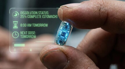 A person is holding a pill that is labeled Dissolution Status