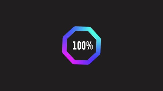 Loading indicator Progress bar 100%.Neon color, black background Percentage meter. UI, hundred percent User interface loading symbol. Download process. Circle icons set, loading circle download