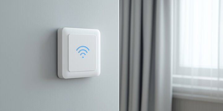 White Wi Fi extender device displaying blue wireless symbol on wall, smart home connectivity, internet network