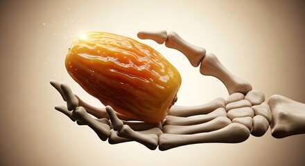 A skeleton hand carefully holds a glowing, amber-colored date-like fruit against a soft, gradient background.