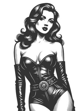 glamorous woman wearing a vintage corset and long gloves, inspired by retro pin up fashion style sketch engraving generative ai fictional character vector illustration. Scratch board. Black and white.