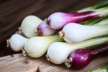 Spring onions placed on wooden board over dark table, minimal food styling. Organic scallions close perspective, fresh seasonal ingredient