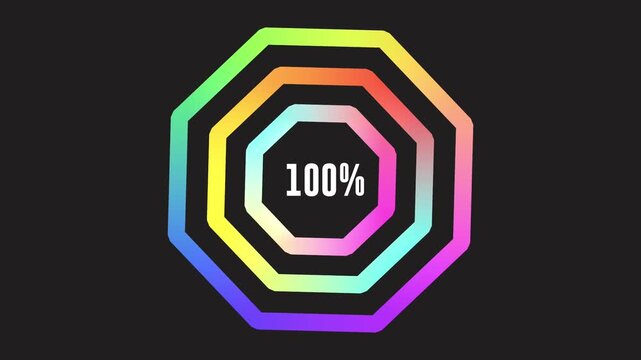 Loading indicator Progress bar 100%.Neon color, black background Percentage meter. UI, hundred percent User interface loading symbol. Download process. Circle icons set, loading circle download