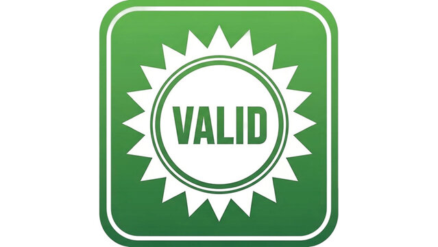 Green square badge with white valid text and sunburst