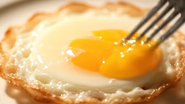 Close up of a fried egg with a fork breaking the yolk.