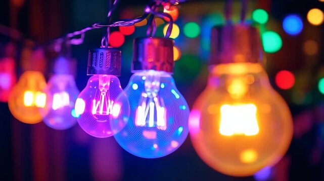 Color-changing LED bulbs pulsing rhythmically against a vibrant backdrop at a festive gathering