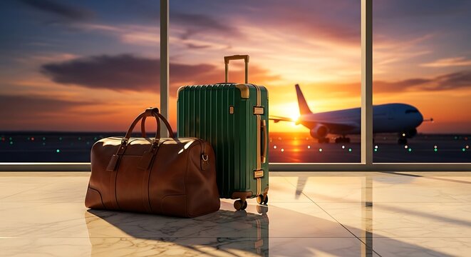 High-end green suitcase and leather bag in a modern airport lounge with a view of a plane and sunset on the runway