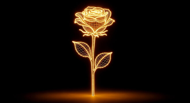 Golden wireframe rose on a dark background, an elegant glowing digital illustration