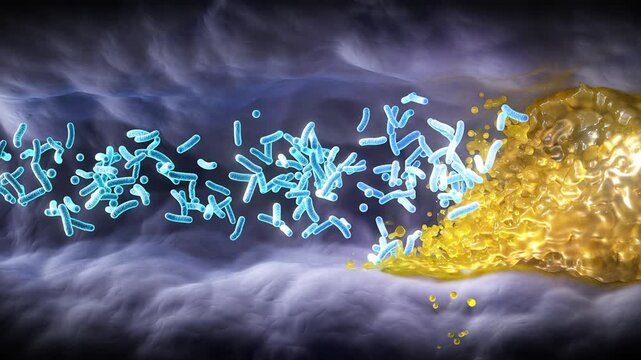 Medical illustration of beneficial bacteria (probiotics) cleaning and detoxifying the human gut.