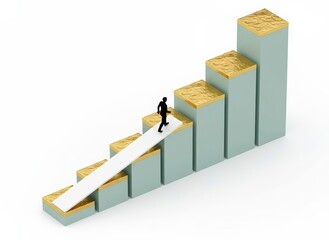A person climbing a staircase of ascending bars from a low to a high point, in a 3D illustration style
