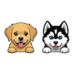 Cute puppy pair, golden retriever and husky faces, adorable vector for kids birthday invitation, puppy party session, pet daycare branding © RA Studio