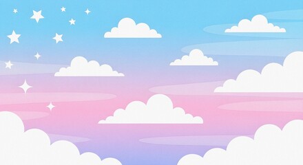 Pastel Sky Whimsical Stars Fluffy Clouds Creating Dreamy Gradient Backdrop Flat Design Style