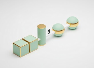 3D illustration of objects and person in a minimalist environment from a straightforward viewpoint
