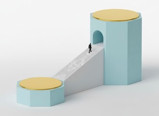 A person walks up a ramp to a cylindrical structure with a circular top viewed from a 3D perspective