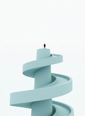 A serene blue spiral staircase with a lit candle at the top, captured from a low angle, showcasing a unique architectural feature.