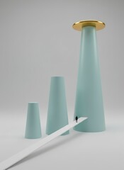 Three teal cones of varying sizes with a gold-rimmed top and a white object in the foreground on a gray background
