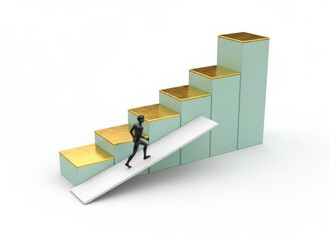 A person climbing a staircase of rising bars from a low point to a high point, illustrating progress and growth in a 3D illustration