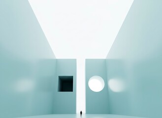 Minimalist corridor with doorway and circular window viewed from a distant perspective in a modern architectural space