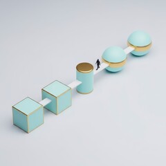 A person walking on a white conveyor belt surrounded by transforming 3D shapes