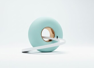 Circular object with a hole and curved ribbon, photographed from a slight angle, showcasing a minimalist design