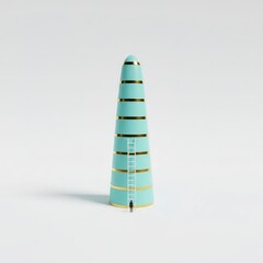 A tall, slender, turquoise tower model with golden accents stands upright on a plain surface viewed from a slight angle
