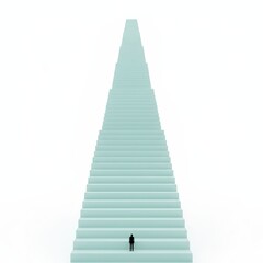 A lone figure stands at the base of a towering staircase, gazing upwards from a low viewpoint