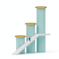 A person ascends a staircase connecting three cylindrical structures of varying heights from a low angle.