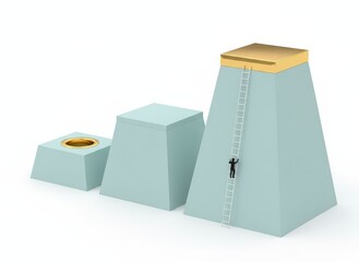 A person climbing a ladder to reach the top of a large geometric structure with multiple blocks