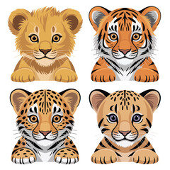 Lion tiger leopard cub quartet, big cat portraits for conservation fundraiser poster, tracking skills workshop session, safari camp branding