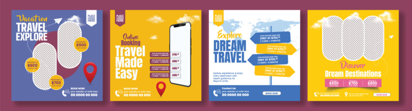Set of Travel Agency Social Media Posts Pack for Tourism Promotion, Holiday Vacation, Hotel Resort Booking, Study Abroad, Tour Package, Summer Promo, Advertising Banner Template Collection.