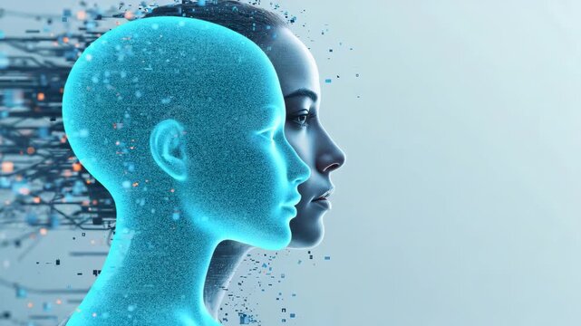 Digital human head profile with pixelated data fragments and network background