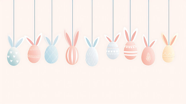 Minimalist illustration of hanging pastel bunny-eared Easter eggs with large clean copy space below, suitable for modern elegant holiday invitations, maternity brand spring promotions and fresh e-comm