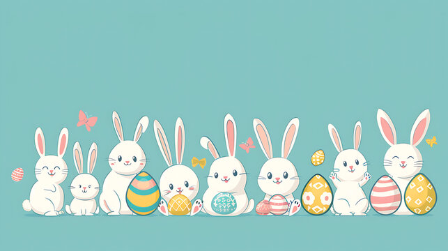 lat illustration of cute cartoon white bunnies and Easter eggs lined up on a mint green background with top copy space, perfect for children play activity posters, kindergarten decorations and fun spr