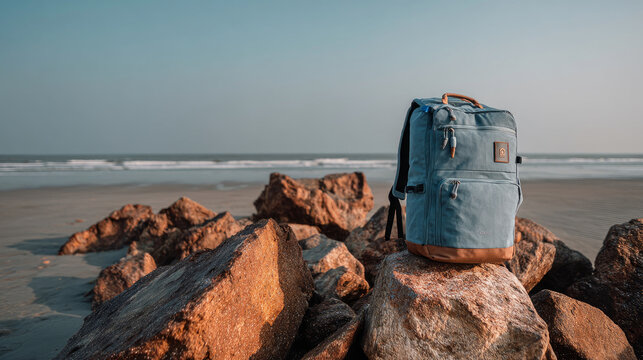 A sustainable travel backpack made from recycled ocean plastics, set against a serene beach backdrop