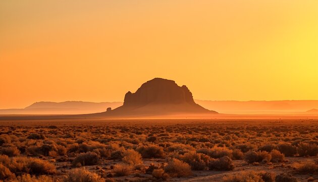 Silhouette of a rocky mountain in the middle of the vast, dry desert landscape, Spitzkoppe, Namibia

