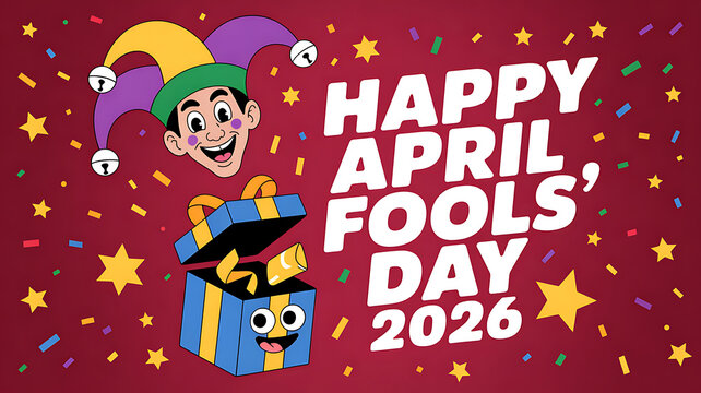 Happy April Fools' Day 2026 illustration with a surprised clown in a gift box, confetti, and festive stars