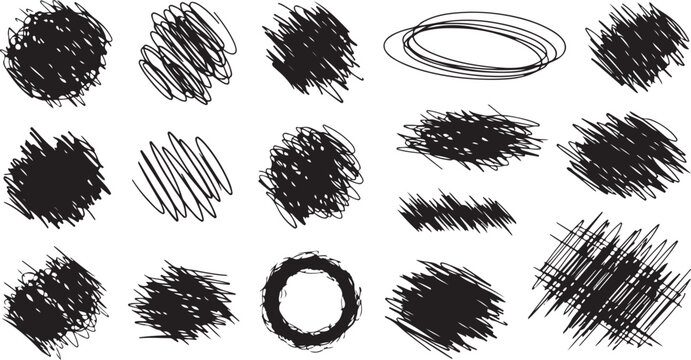 Charcoal pencil curly lines, squiggles and shapes. Grunge pen scribbles collection. Hand drawn vector pencil lines and doodles. Bright color charcoal or chalk drawing.